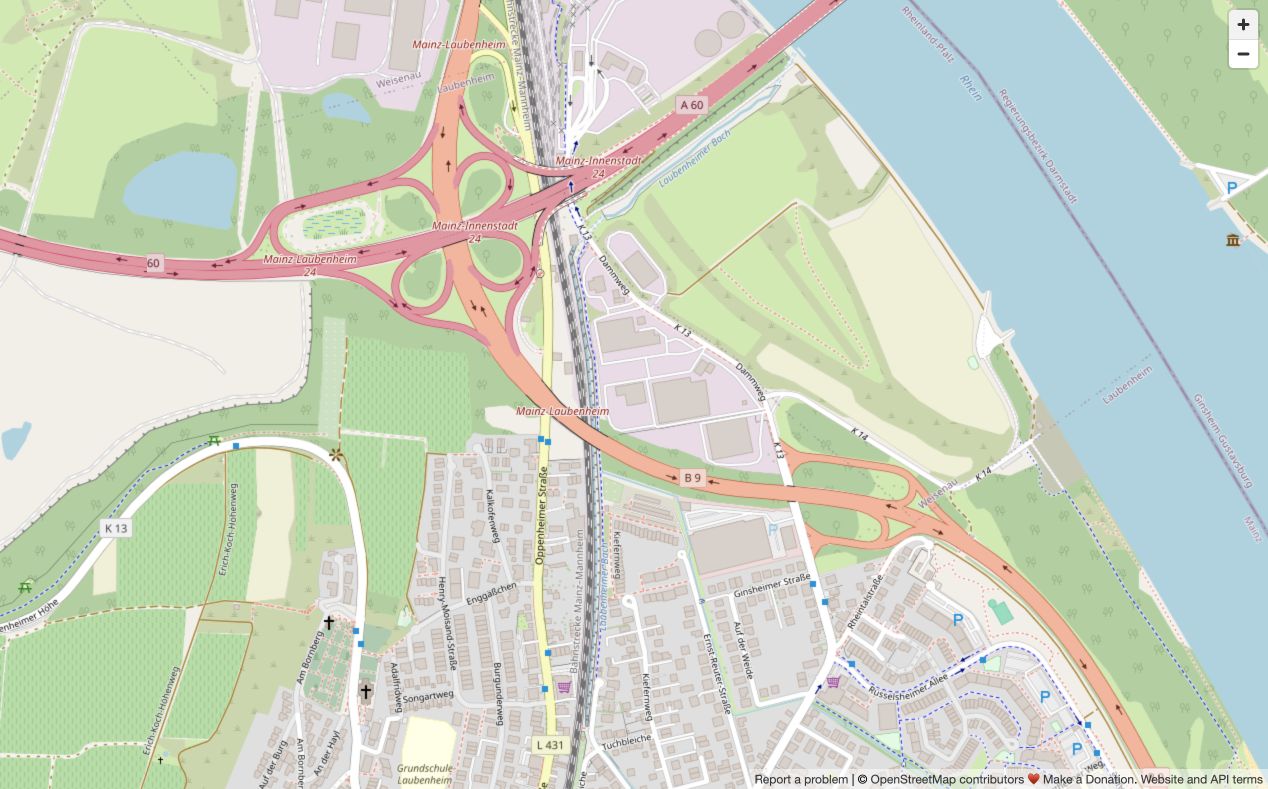 Statische Umgebungskarte am Dammweg in Mainz-Laubenheim, nahe B9 und Rhein