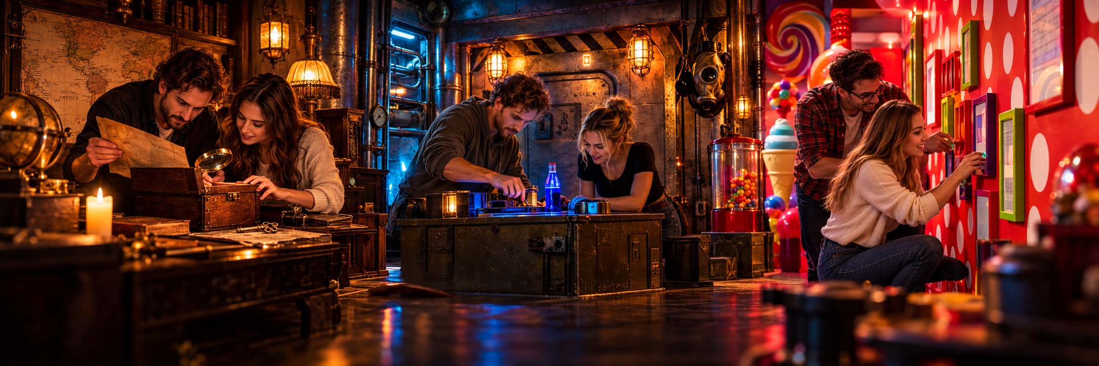 Cineastisches Mood-Motiv: Teams lösen Rätsel in Sherlocks Detektivzimmer, dem Fallout-Bunker und Wonkas Süßigkeitenwelt.